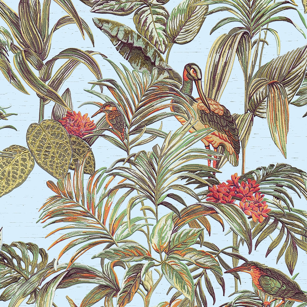 Luxus Vliestapete, blau, Vögel, Blumen, Blätter, DE120014, Best Sellers, Design ID