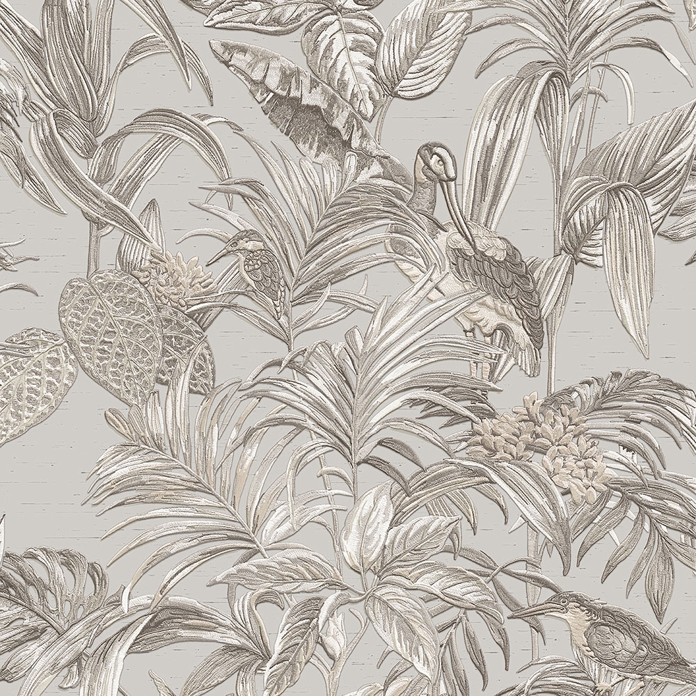 Luxus Vliestapete, grau, Vögel, Blätter, DE120011, Best Sellers, Design ID