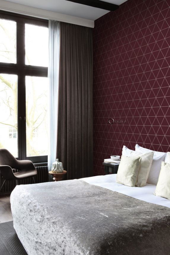 Weinrote Tapete, silberne Umrisse von Dreiecken 347718, City Chic, Origin 