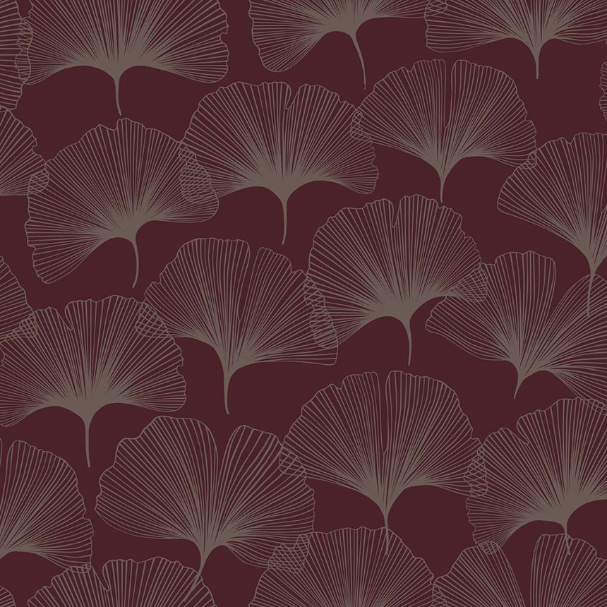 Weinrote Tapete, silberne Ginkgoblätter 347732, City Chic, Origin 