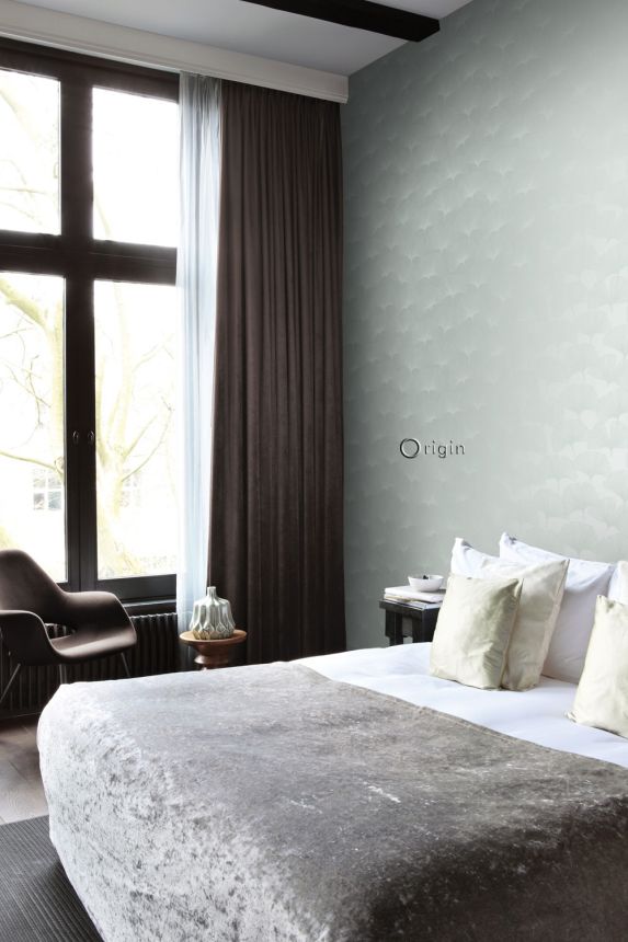 Metallic-grüne Tapete, matte Umrisse von Ginkgo-Blättern 347748, City Chic, Origin 