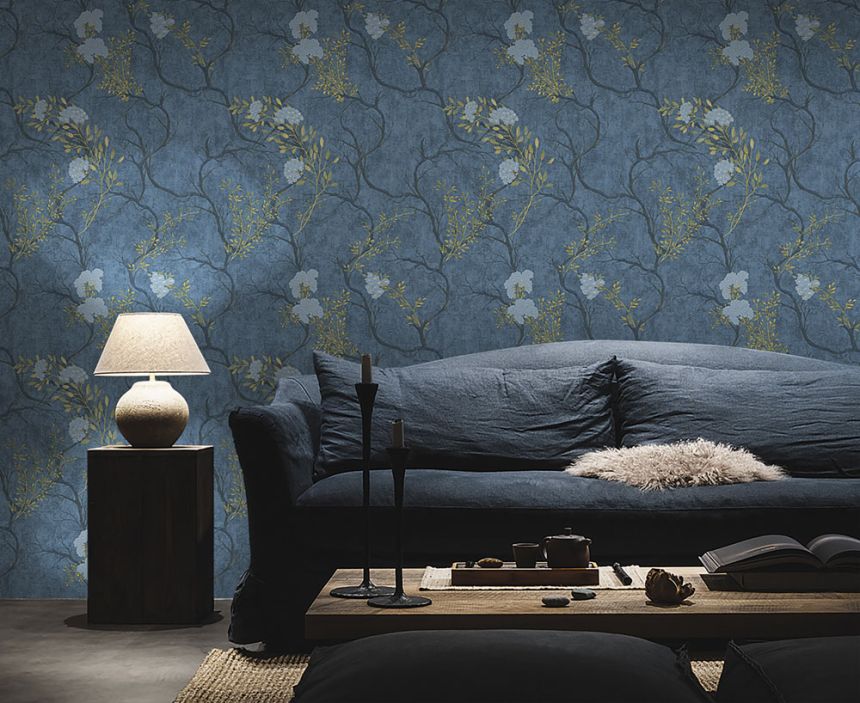 Blaue Luxustapete mit Zweigen und Blüten 72959, Zen, Emiliana Parati 