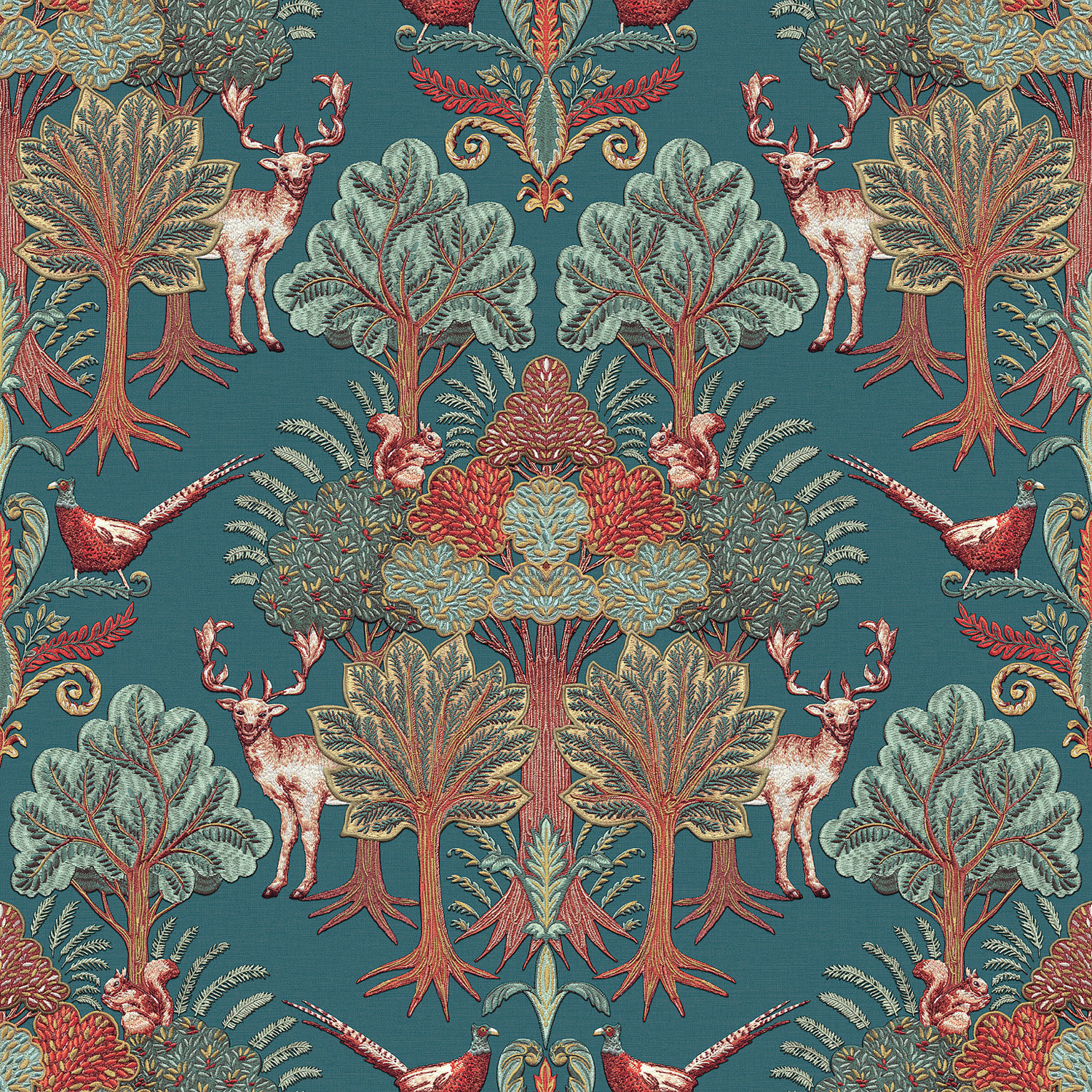 Luxuriöse grüne Tapete mit Bäumen und Tieren, TP422305, Tapestry, Design ID