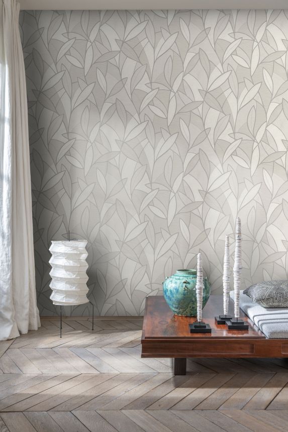 Grau-silberne Tapete mit Blättern, AL26230, Allure, Decoprint
