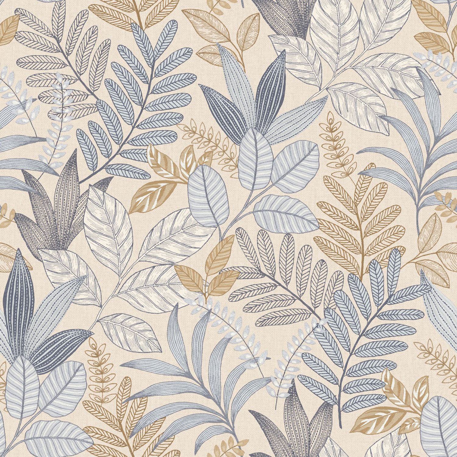 Beigeblaue Tapete mit Blättern, AL26291, Allure, Decoprint