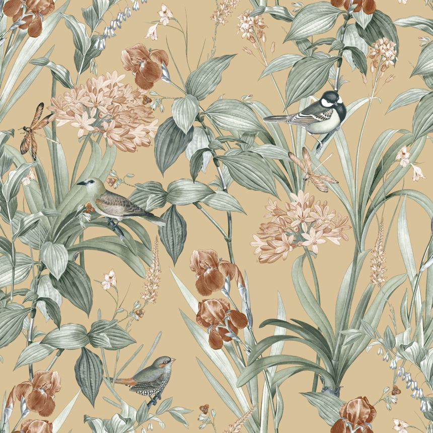 Beige Tapete mit Blumen und Vögeln, M64702, Botanique, Ugepa