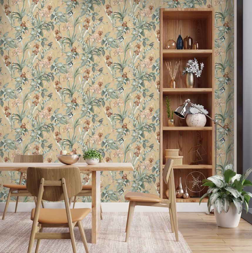 Beige Tapete mit Blumen und Vögeln, M64792D, Botanique, Ugepa