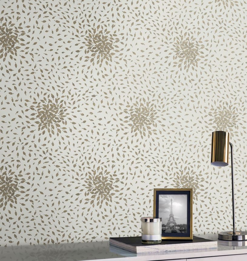 Creme-goldene Tapete mit Blätte, MD7103, Modern Metals, York