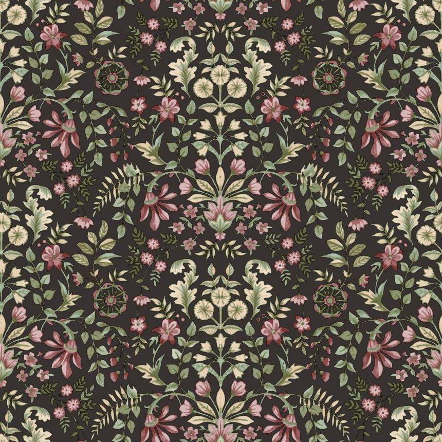 Schwarze Tapete mit floralem Ornamentmuster, 12329, Fiori Country, Parato