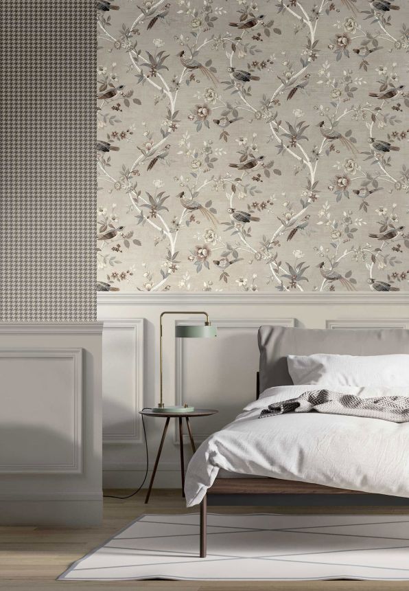 Braun-beige Tapete mit Blumen und Vögeln, 28843, Thema, Cristiana Masi by Parato