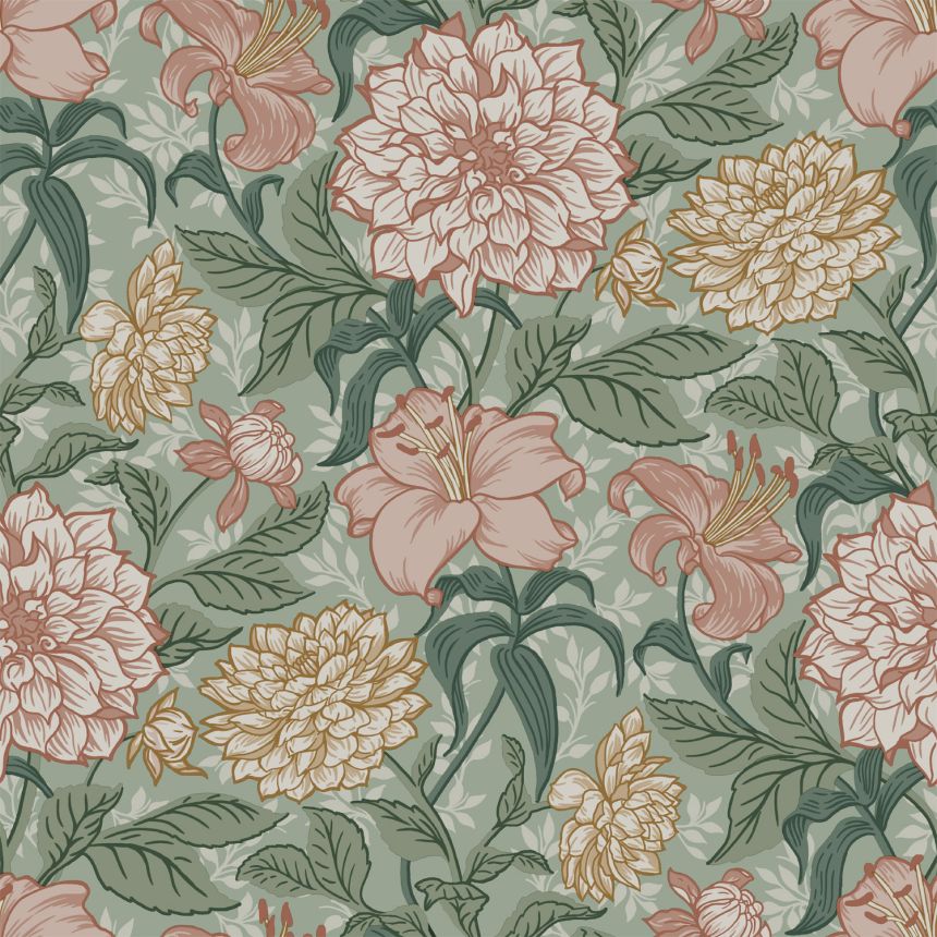 Grüne Vliestapete mit Blumen, 139378, Vintage Flowers, Esta Home