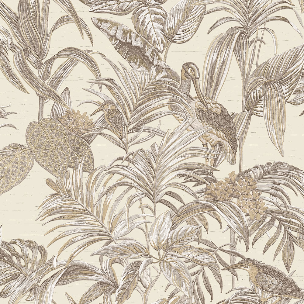 Luxus Vliestapete, beige, Vögel, Blätter, Blumen, DE120012, Best Sellers, Design ID