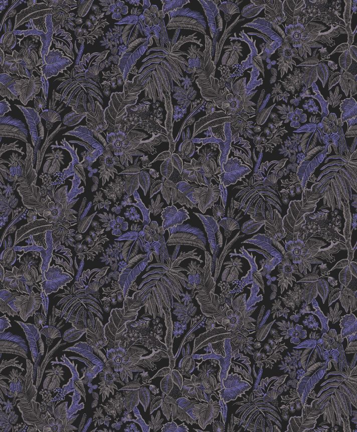 Schwarz-blaue Tapete mit Blumen und Blättern, SUM503, Summer, Khroma by Masureel