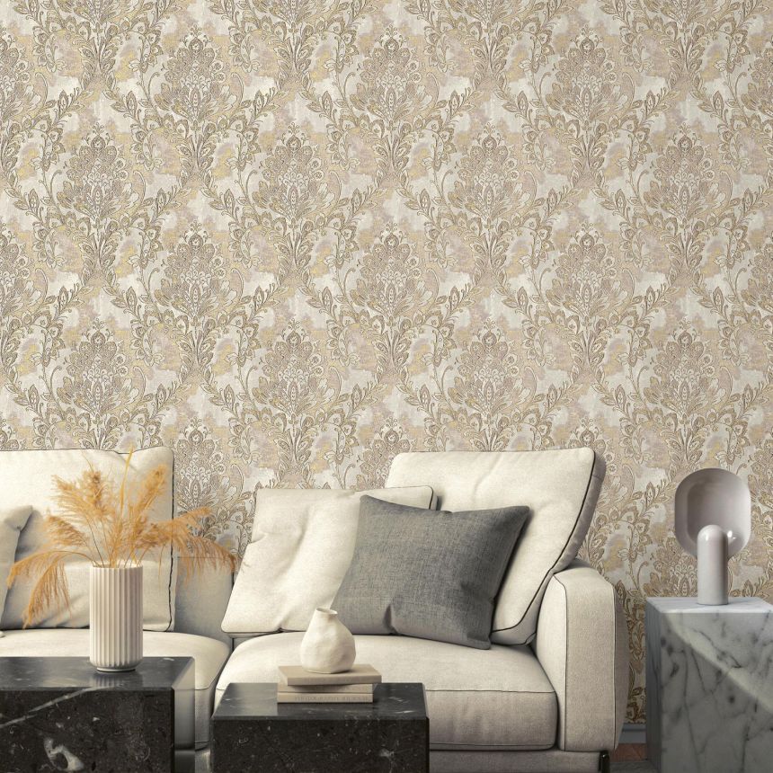 Creme-goldene Vliestapete mit Barockmotiv 78406, Makalle II, Limonta