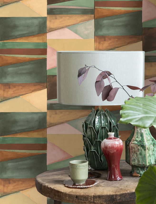 Geometrische Vliestapete, grün, braun, SO27035, Soleado, Decoprint