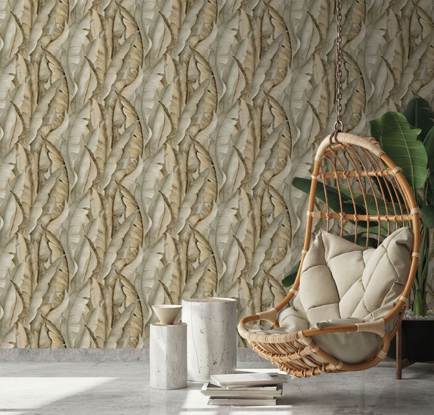 Vliestapete, braun-grau, Blätter, NHW1043, Perla, Decoprint