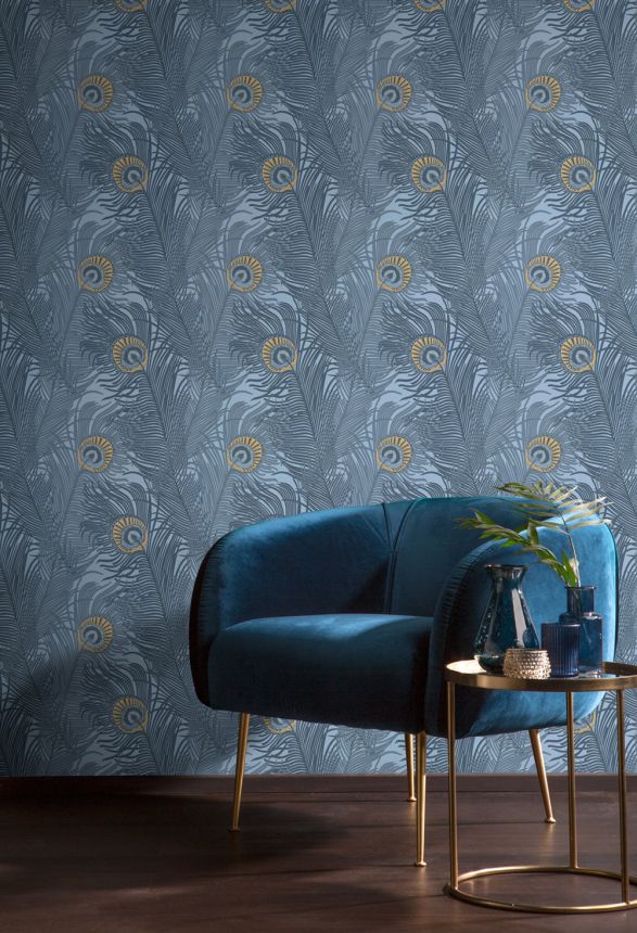 Vliestapete, blau, Pfauenfedern, NHW1046, Perla, Decoprint