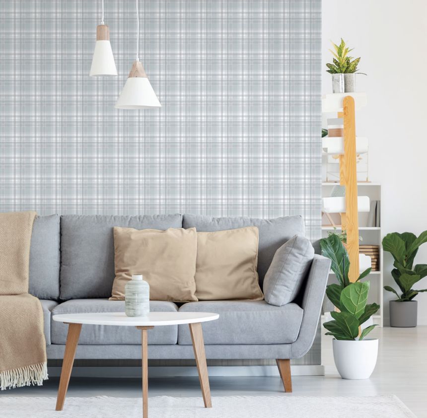 Vliestapete, blau-grau, Würfel, kariert,  9819-6, Essential Stripes, ICH Wallcoverings