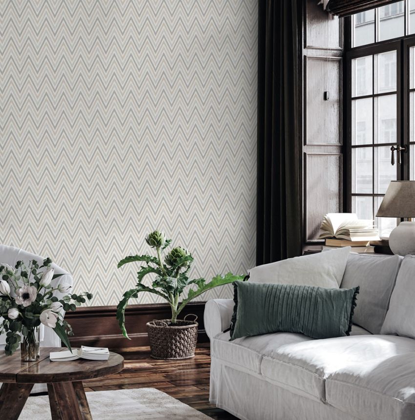 Geometrische Vliestapete, grau-beige, Zickzack-Muster, 1509-3, Vera, AdaWall