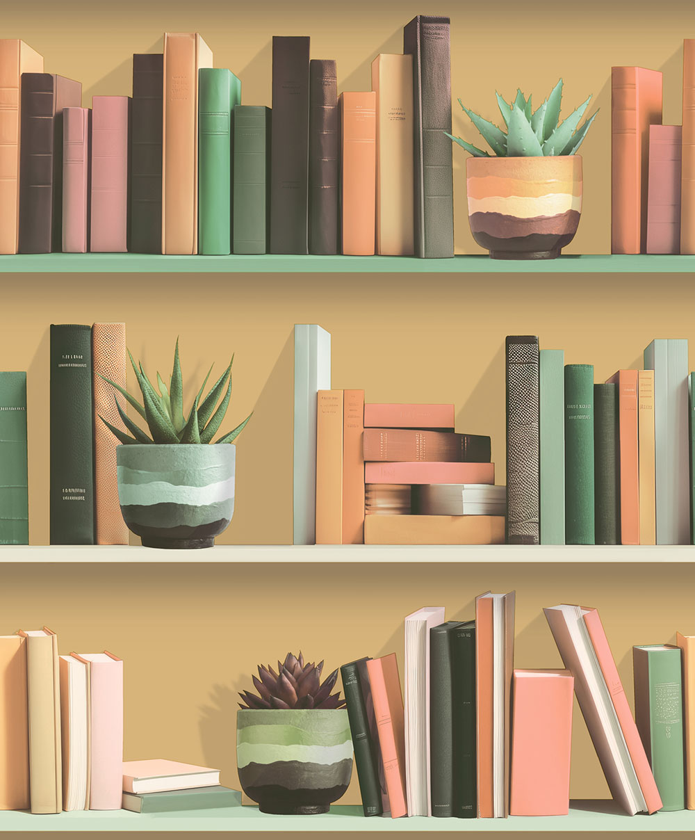 Tapete in Ocker mit Regal- und Bücherregal-Motiv, M79505, Artifice, Ugépa