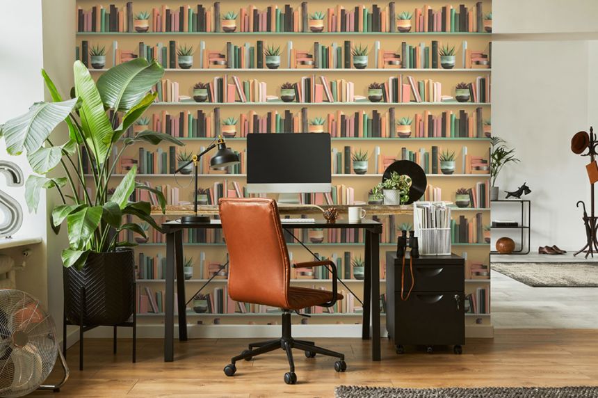 Tapete in Ocker mit Regal- und Bücherregal-Motiv, M79505, Artifice, Ugépa