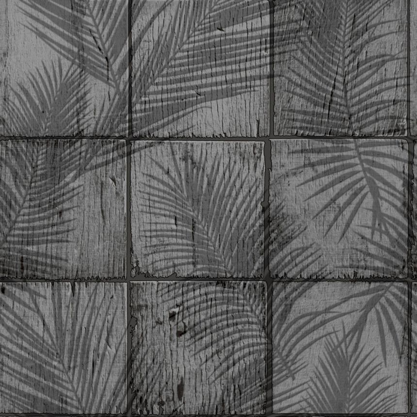 Tapete in grau-schwarzer Holzpaneel-Optik mit Blättermotiv, M68909, Nomade, Ugépa
