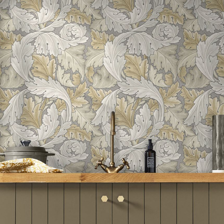 Vliestapete, graubeige, Blätter, 124226, William Morris At Home