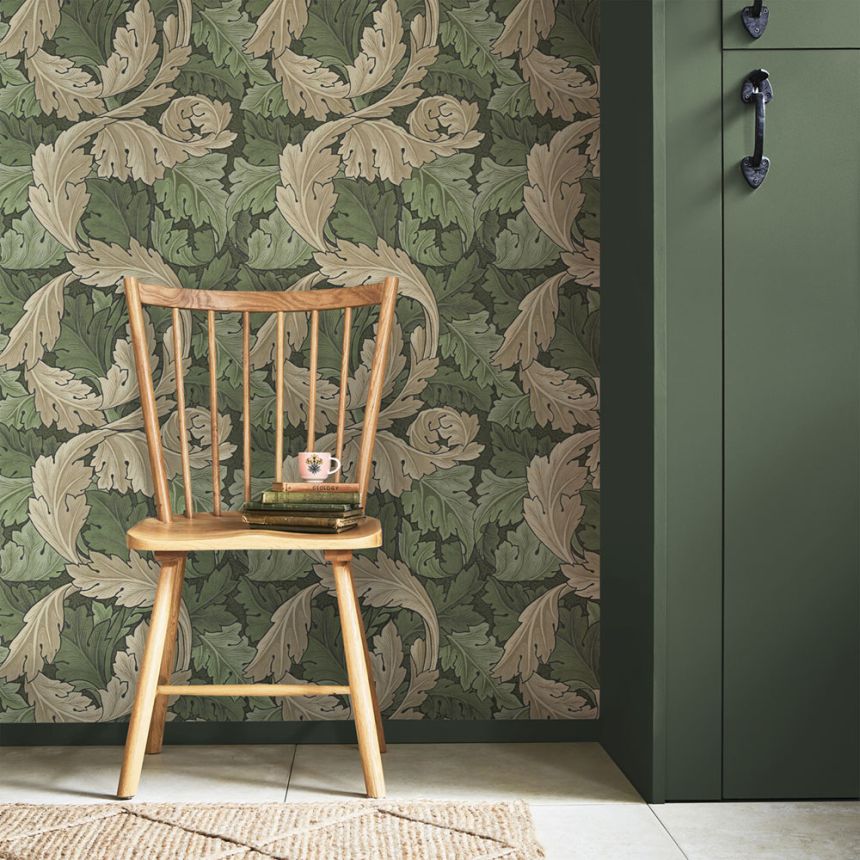 Vliestapete, grün-beige, Blätter, 124227, William Morris At Home