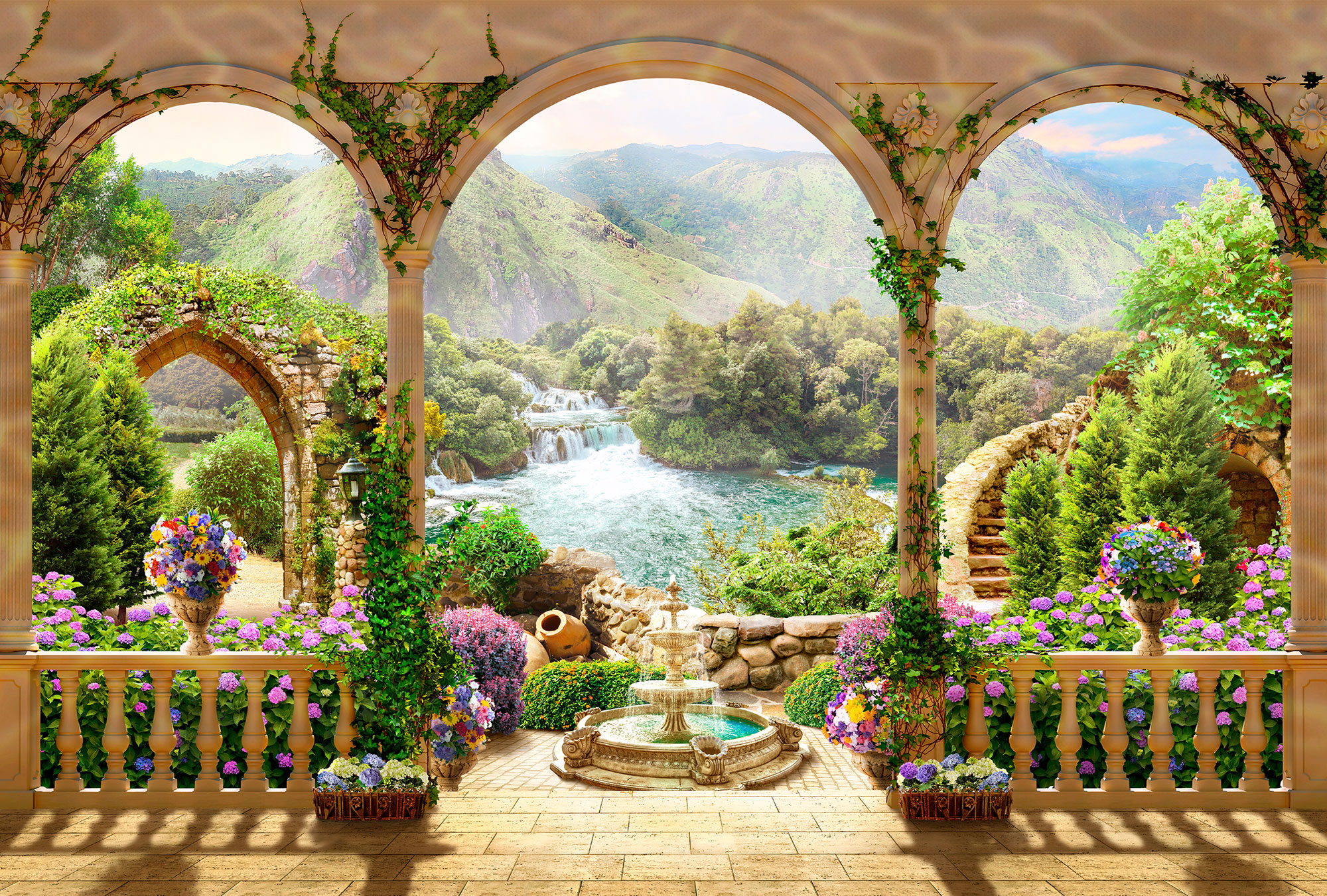 Vlies-Fototapete nach Maß, Mediterrane Terrasse, Brunnen, Wasserfall, 10111, Vavex