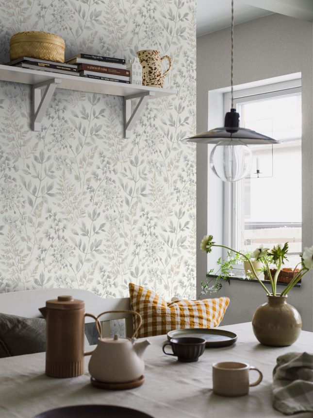 Tapete, grau-beige, Blätter, 38727, Borosan Hem, Boråstapeter