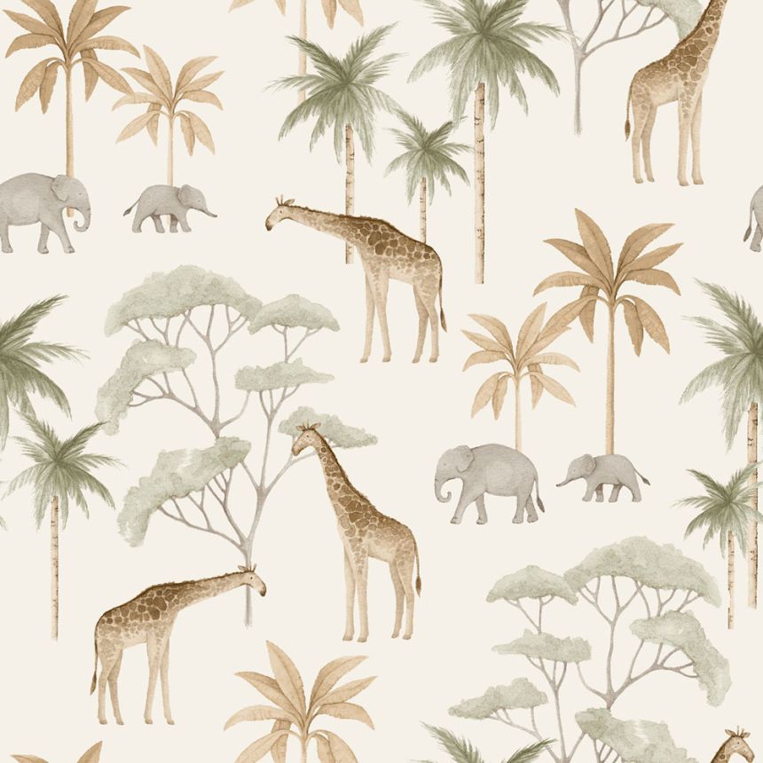 Tapete, weiß, Savanne, Elefanten, Giraffen, 6939, Newbie Wallpaper, Boråstapeter