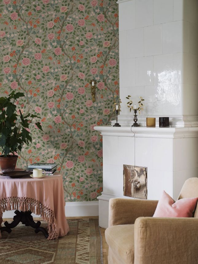 Tapete, braun-grün, Blumen, Kamelie, 5729, Orangeri, Boråstapeter