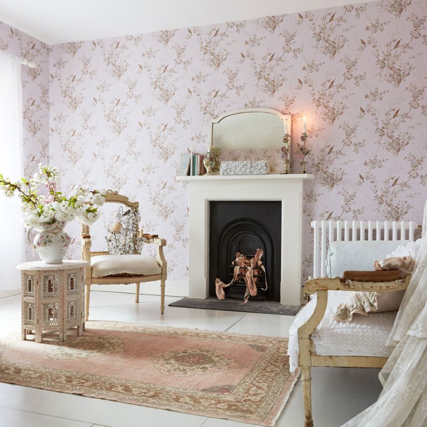 Tapete, rosa, Blumen, Vögel, 125122, Shabby Chic by Rachel Ashwell