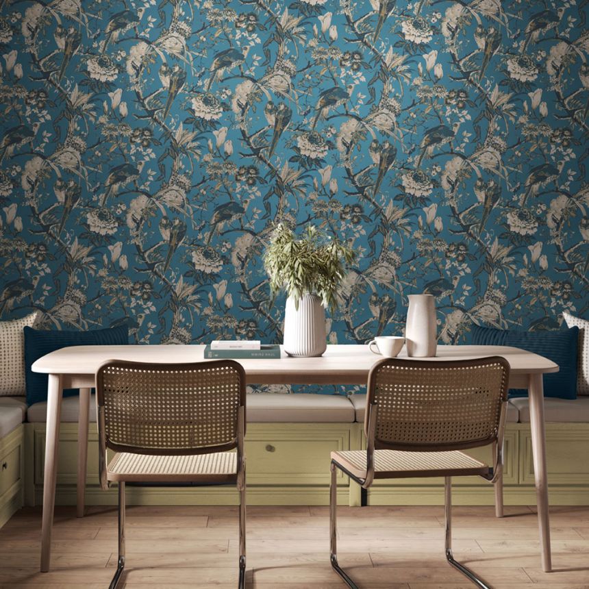 Tapete, blau, Vögel, Blumen, Zweige, 127911, Arboretum, Graham Brown Premium