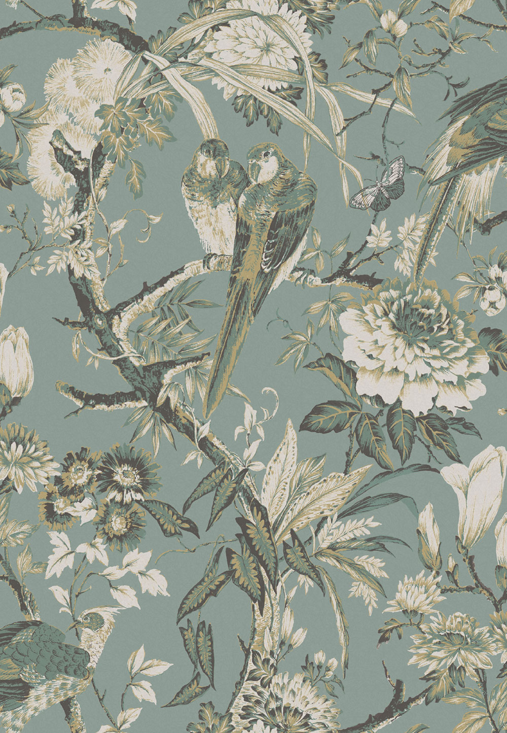 Tapete, türkis-gold, Vögel, Blumen, Zweige, 127910, Arboretum, Graham Brown Premium