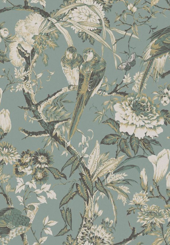 Tapete, türkis-gold, Vögel, Blumen, Zweige, 127910, Arboretum, Graham Brown Premium