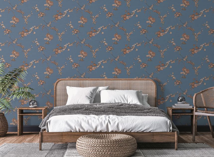 Luxuriöse blaue Vliestapete mit Blumenmuster FT221215, Fabric Touch, Design ID