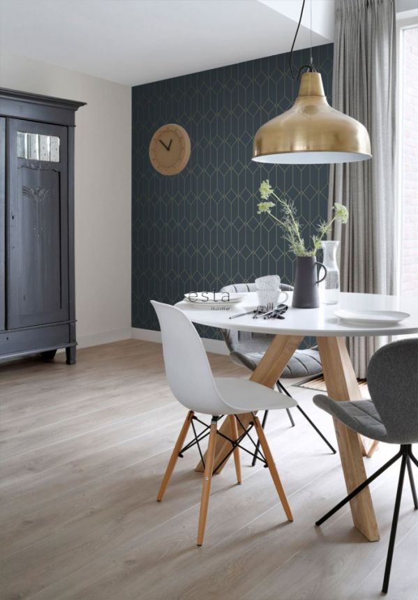 Dunkelblaue geometrische Vliestapete, goldene Linien 139225, Art Deco, Esta