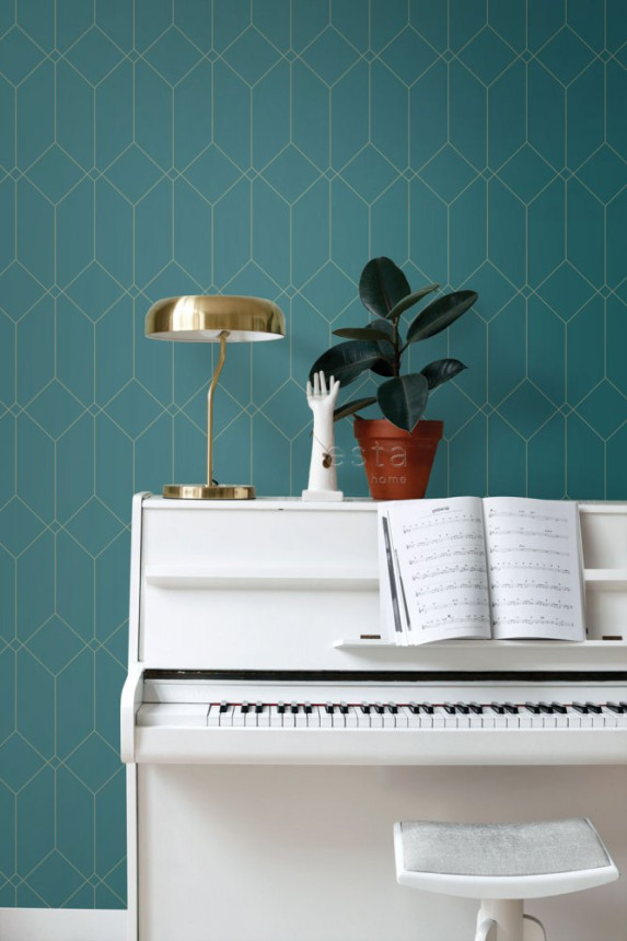 Türkisfarbene geometrische Vliestapete, goldene Linien 139224, Art Deco, Esta