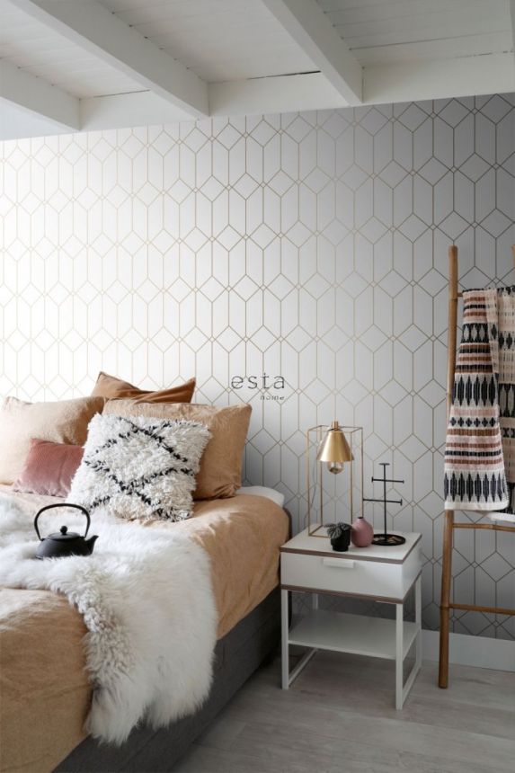 Weiße geometrische Vliestapete für die Wand, goldene Linien 139223, Art Deco, Esta