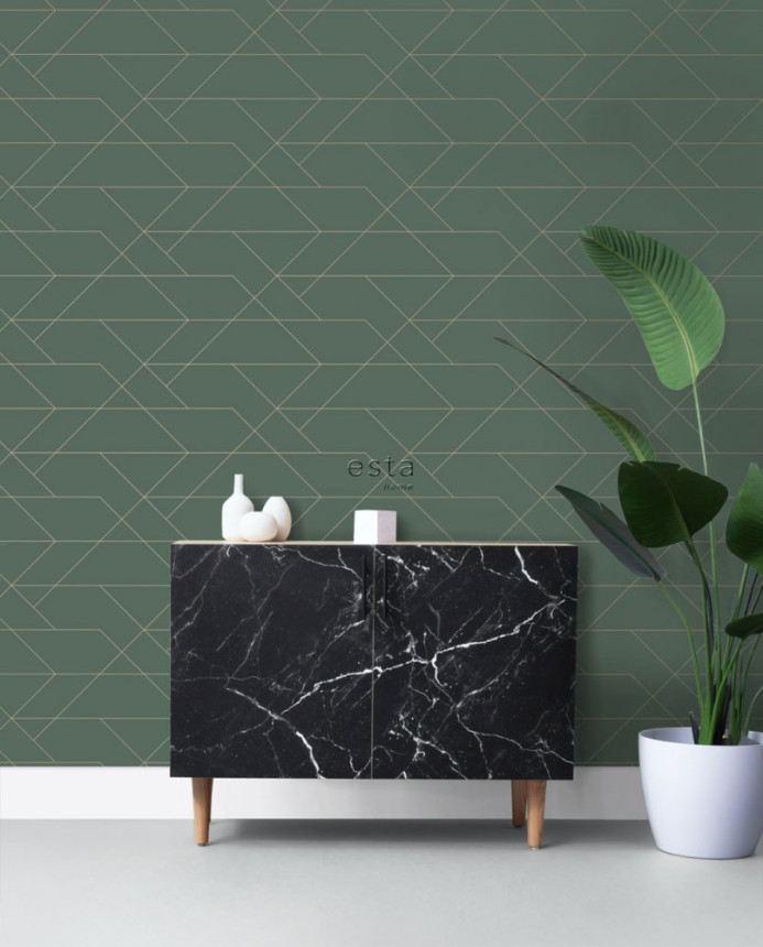 Vliestapete für die Wand grün mit goldenen Linien 139212, Art Deco, Esta