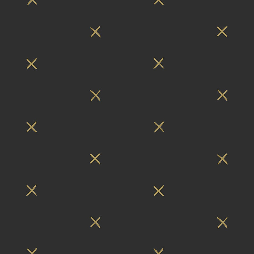 Schwarze Vliestapete mit goldenen Kreuzen 139130, Black & White, Esta