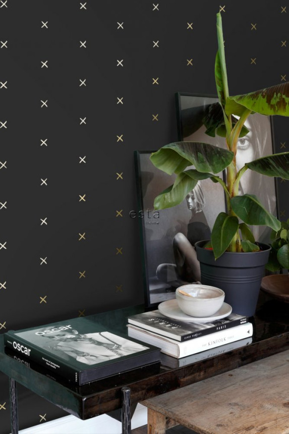 Schwarze Vliestapete mit goldenen Kreuzen 139130, Black & White, Esta
