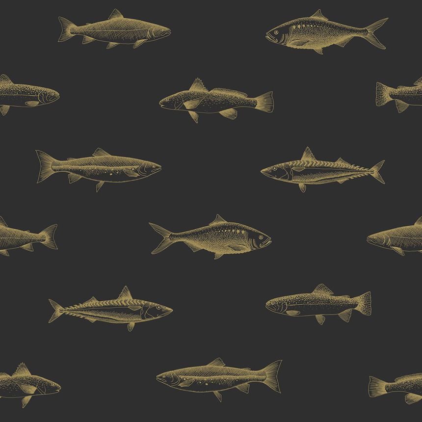 Schwarze Vliestapete mit Goldfischen 139124, Black & White, Esta