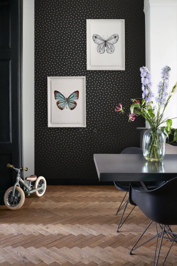 Schwarze Vliestapete mit goldenen Punkten 139122, Black & White, Esta