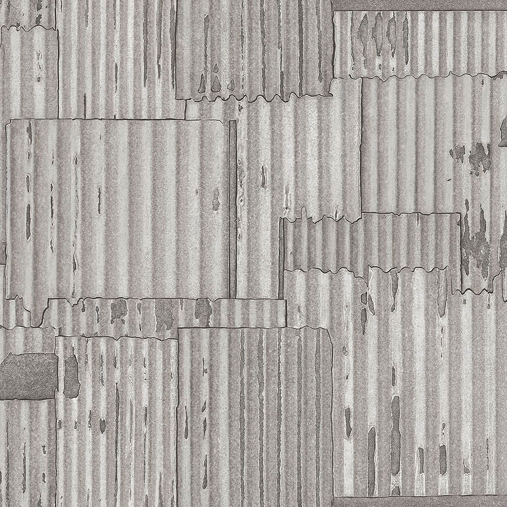 Grau-Silber Metallic Vliestapete, Wellblech-Design 347615, Matières - Metal, Origin