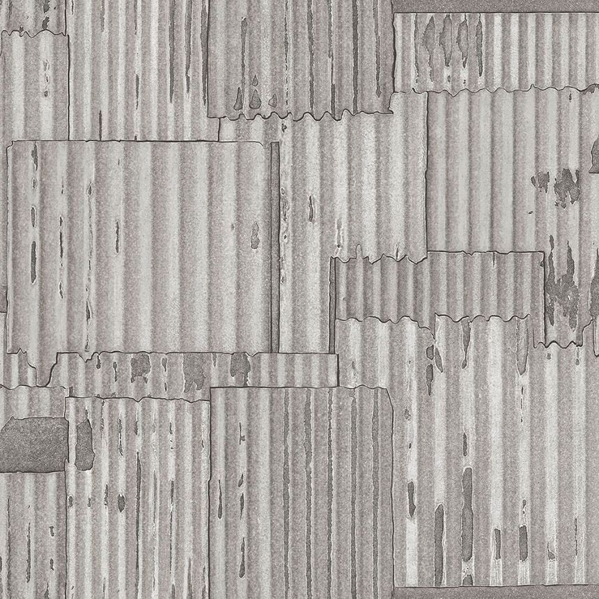 Grau-Silber Metallic Vliestapete, Wellblech-Design 347615, Matières - Metal, Origin