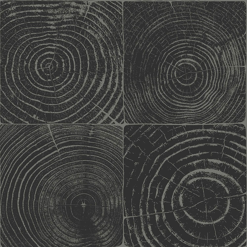 Tapete in schwarz-silberner Holzoptik mit Jahresringen, 347544, Matières - Wood, Origin
