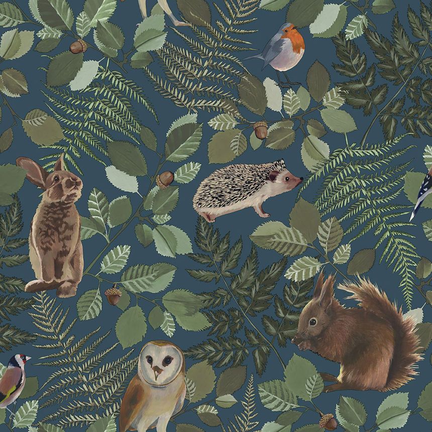 Blaue Vlies Kindertapete für die Wand Waldtiere 139250, Forest Friends, Esta
