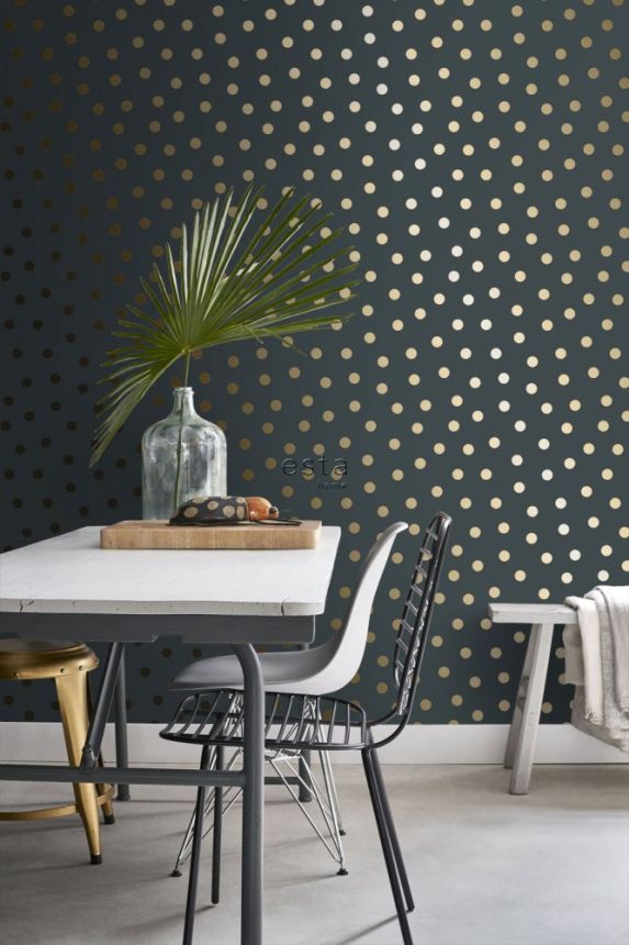 Graublaue Vliestapete mit goldenen Punkten 139246, Forest Friends, Esta